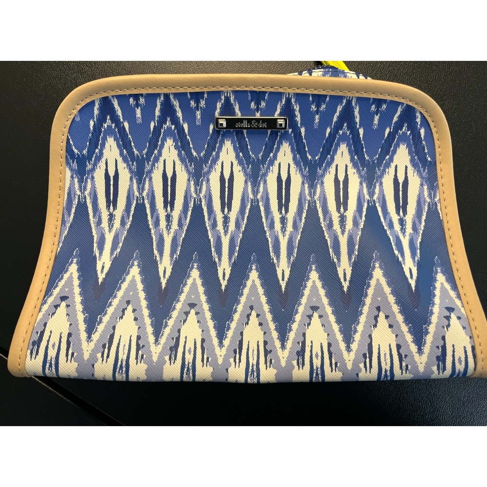 Stella & Dot Blue Ikat Makeup Cord Pouchβ Travel Bag Yellow Zebra Lining